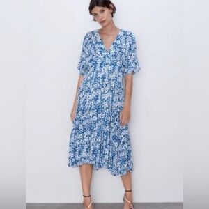 Zara Blue White Floral Midi Dress Cottagecore Summer Dress M